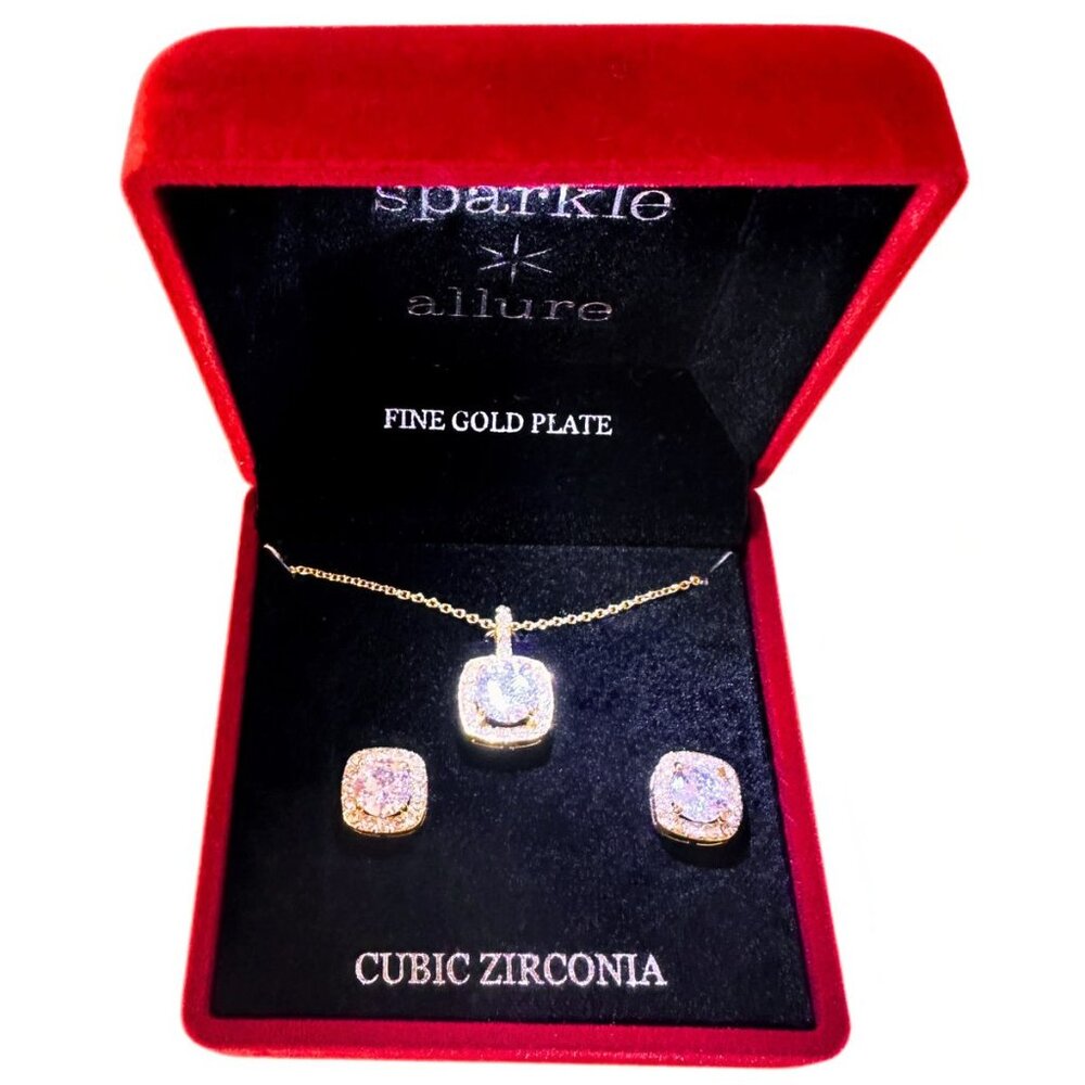 SPARKLE & ALLURE Cubic Zirconia Cushion Cut Pendant Necklace & Earrings Set NEW - Picture 2 of 3